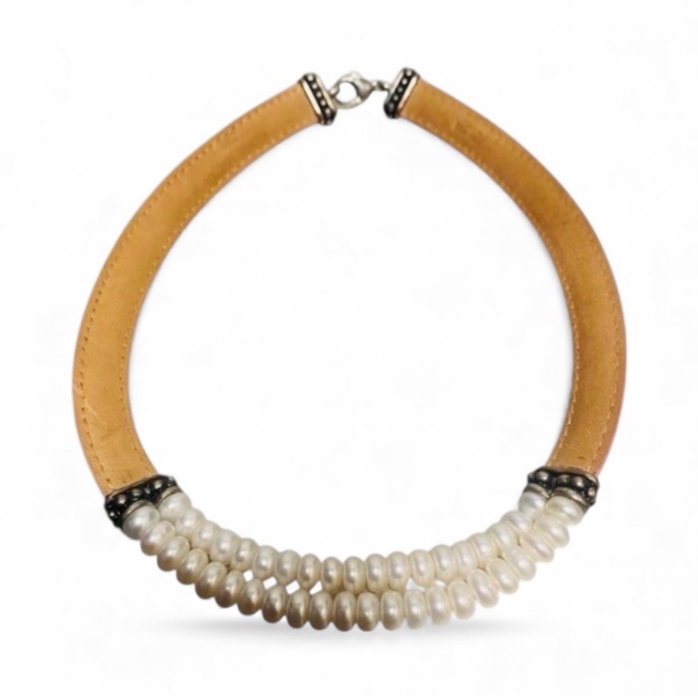 NWOT Honora 925 Sterling Silver Pink Genuine Leather Pearl Chocker Necklace - Picture 2 of 9